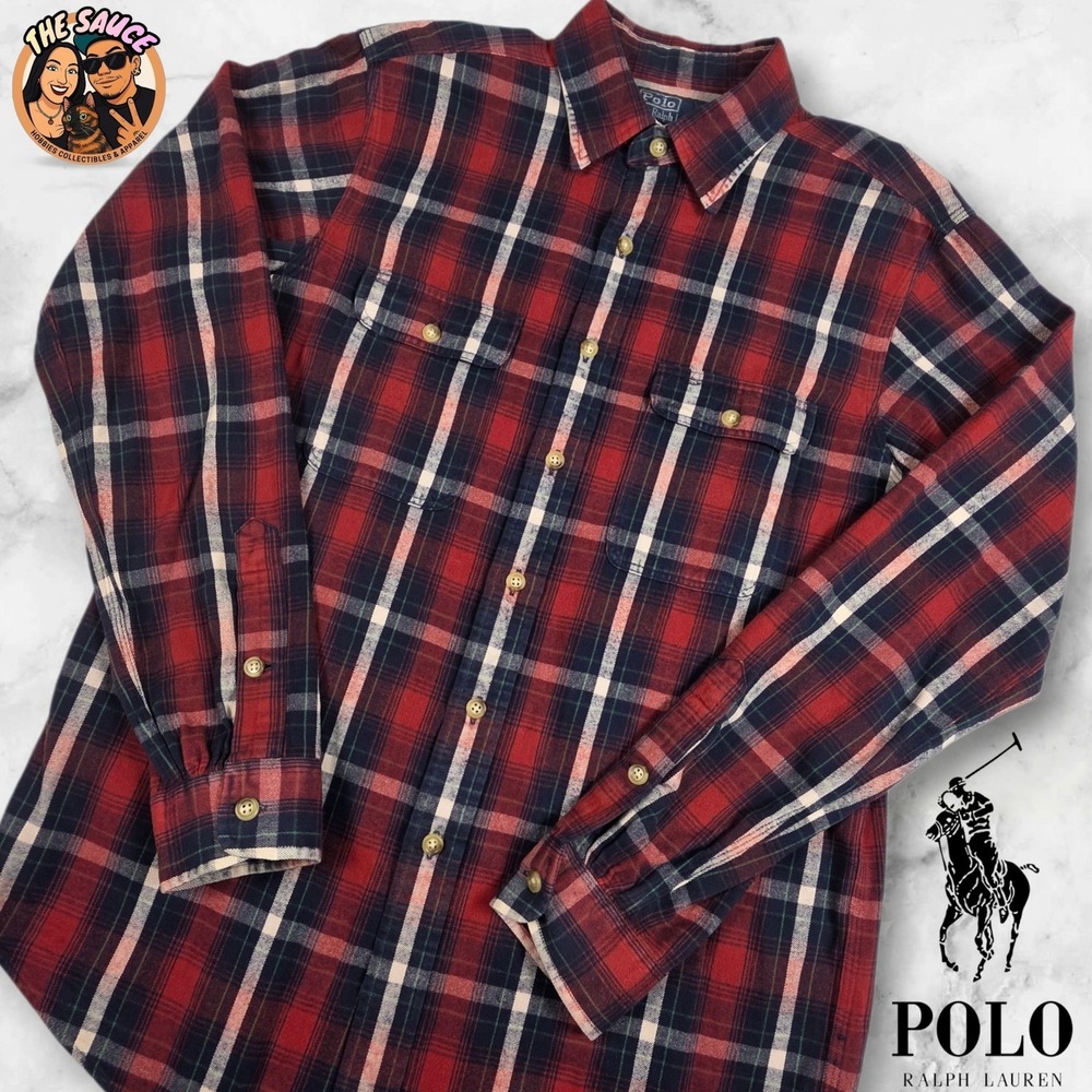 Ralph Lauren PRL Mens M Flannel Work Shirt Red Tartan Plaid Lumberjack Camp VTG